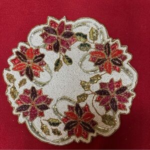 Cynthia Rowley Beaded  Placemat Centerpiece 15” Shaped Poinsettia Christmas New